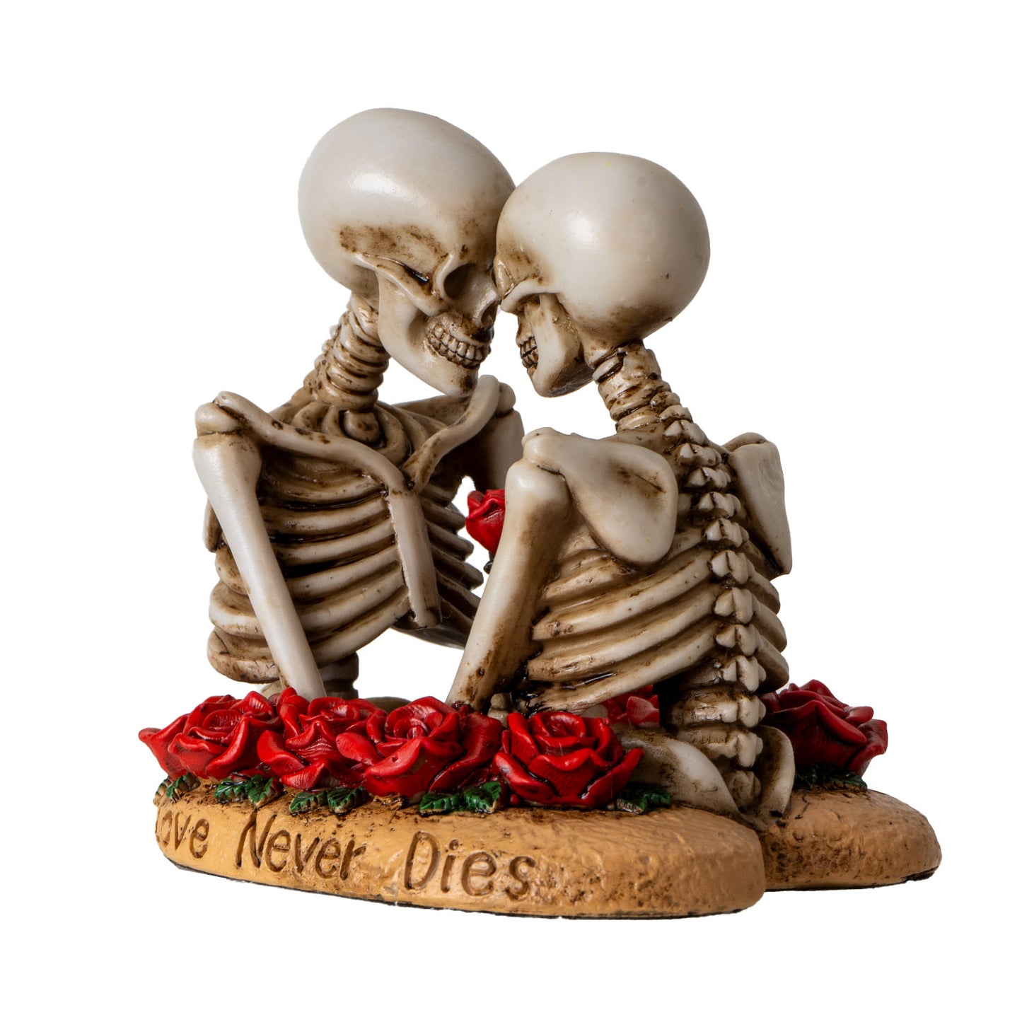 Angled front view of gothic skeleton lovers statue with engraved base and roses
