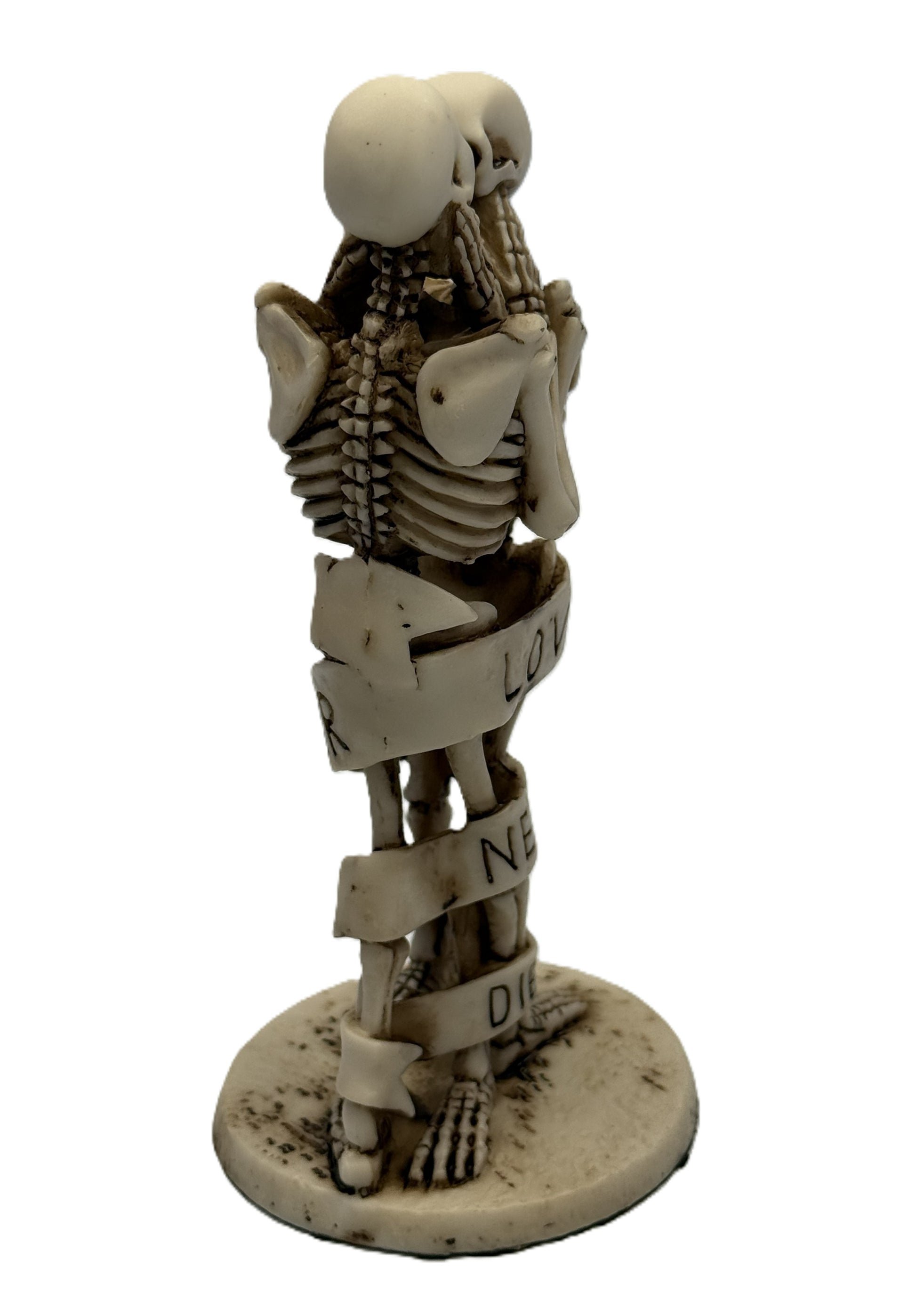Back view of romantic skeleton couple decor showing detailed spine and intertwined pose with ribbon text
