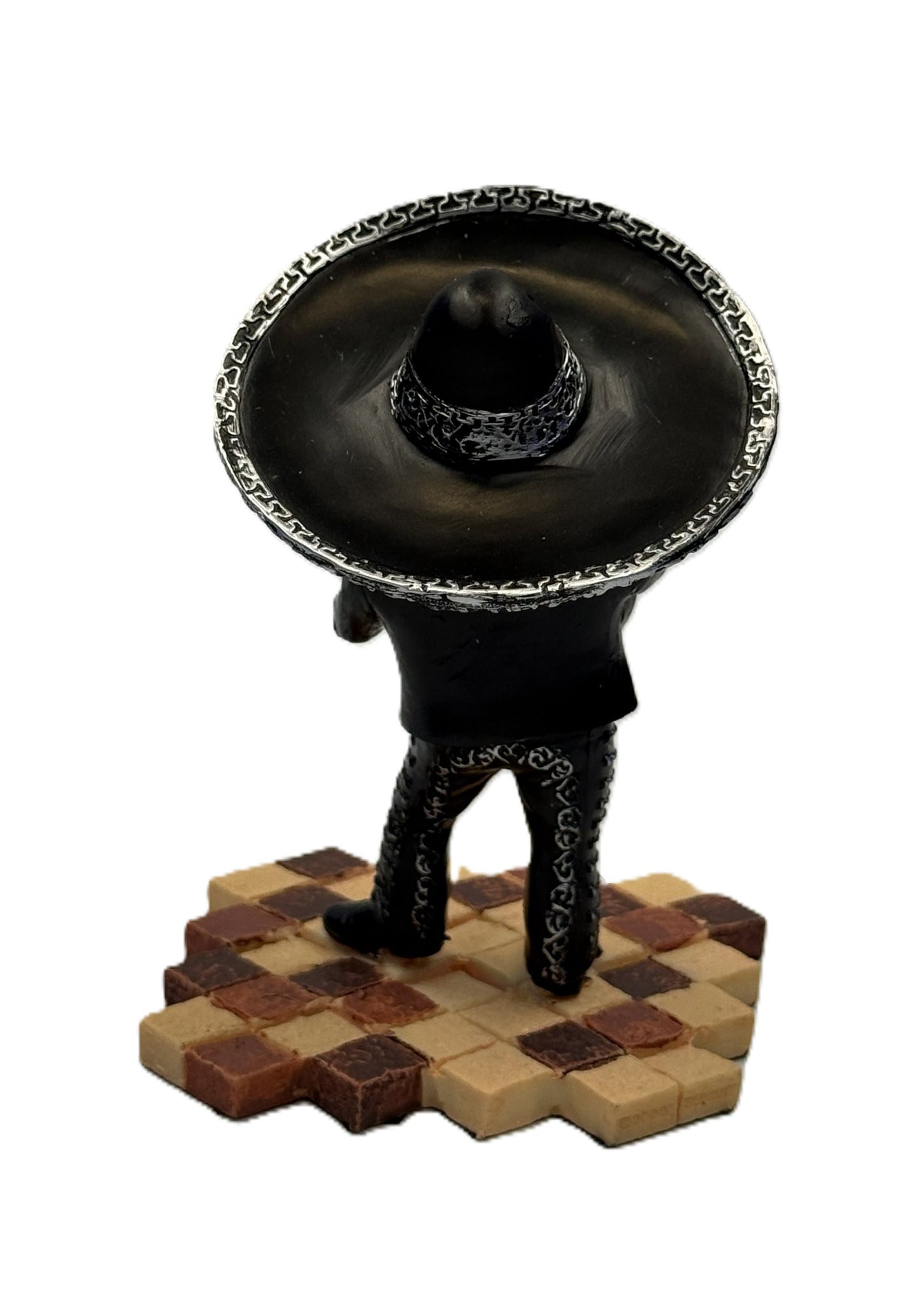 Back view of mariachi skeleton figurine highlighting sombrero and outfit details cold cast resin statue
