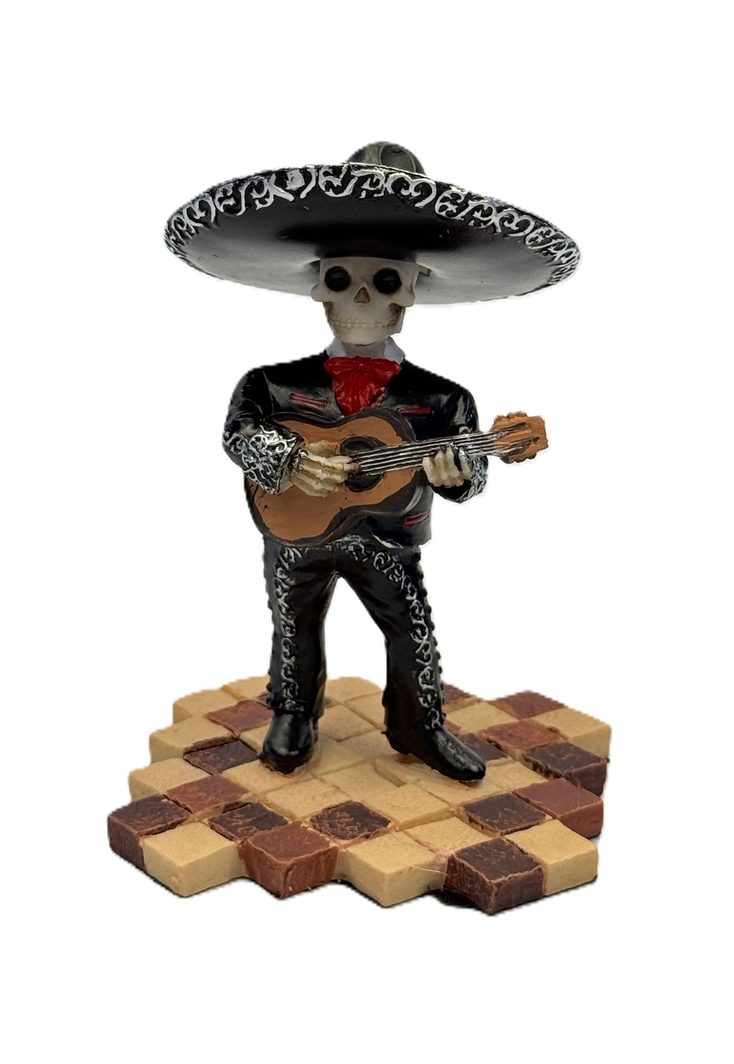 Front view of Day of the Dead mariachi skeleton figurine playing guitar in black outfit with sombrero cold cast resin statue

