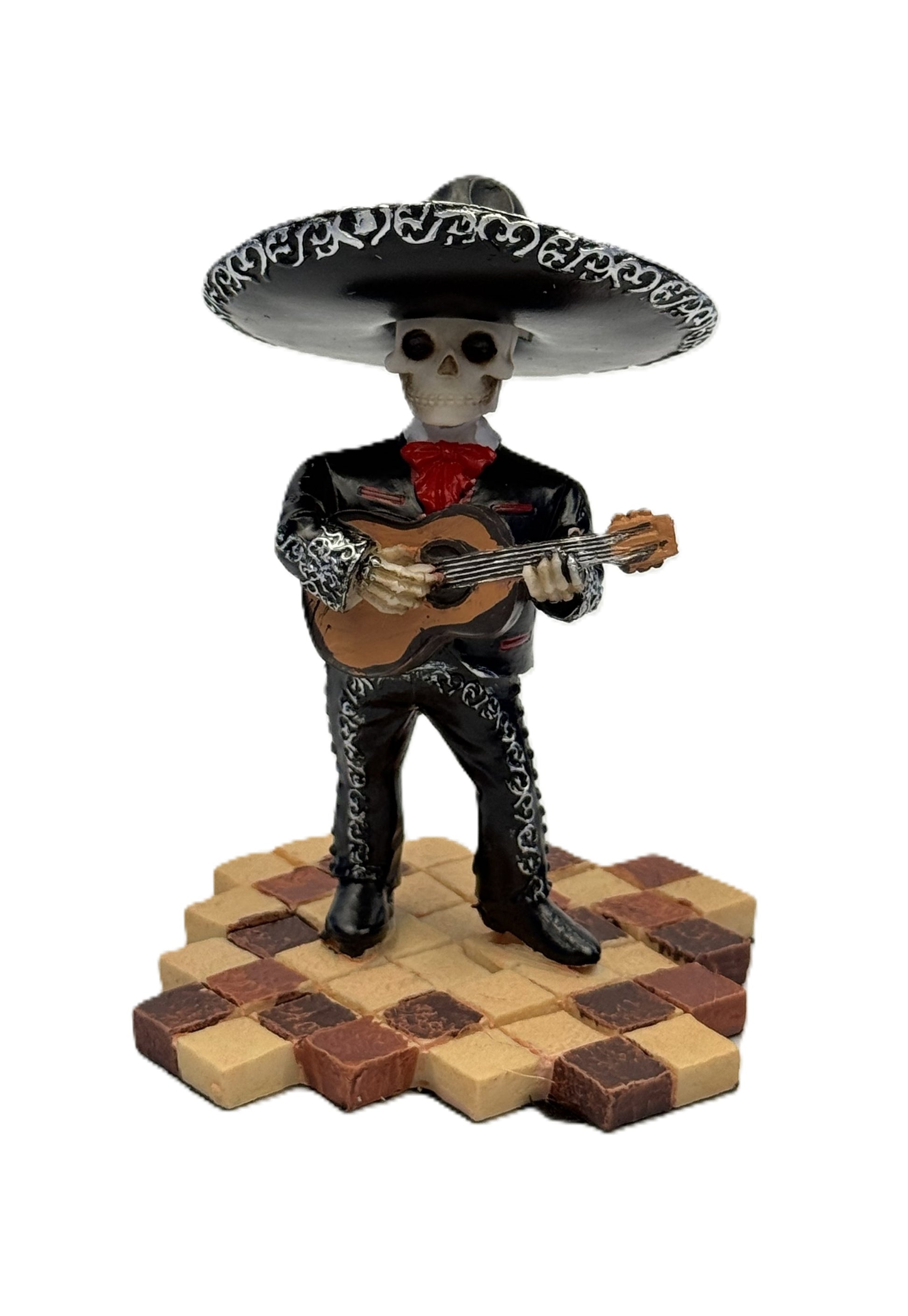 Front view of Day of the Dead mariachi skeleton figurine playing guitar in black outfit with sombrero cold cast resin statue
