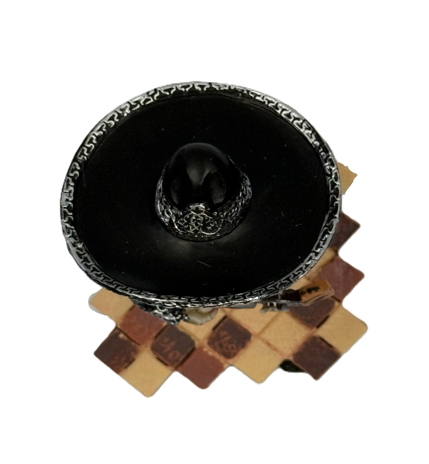 Top view of mariachi skeleton guitar figurine showing sombrero and tiled base cold cast resin statue
