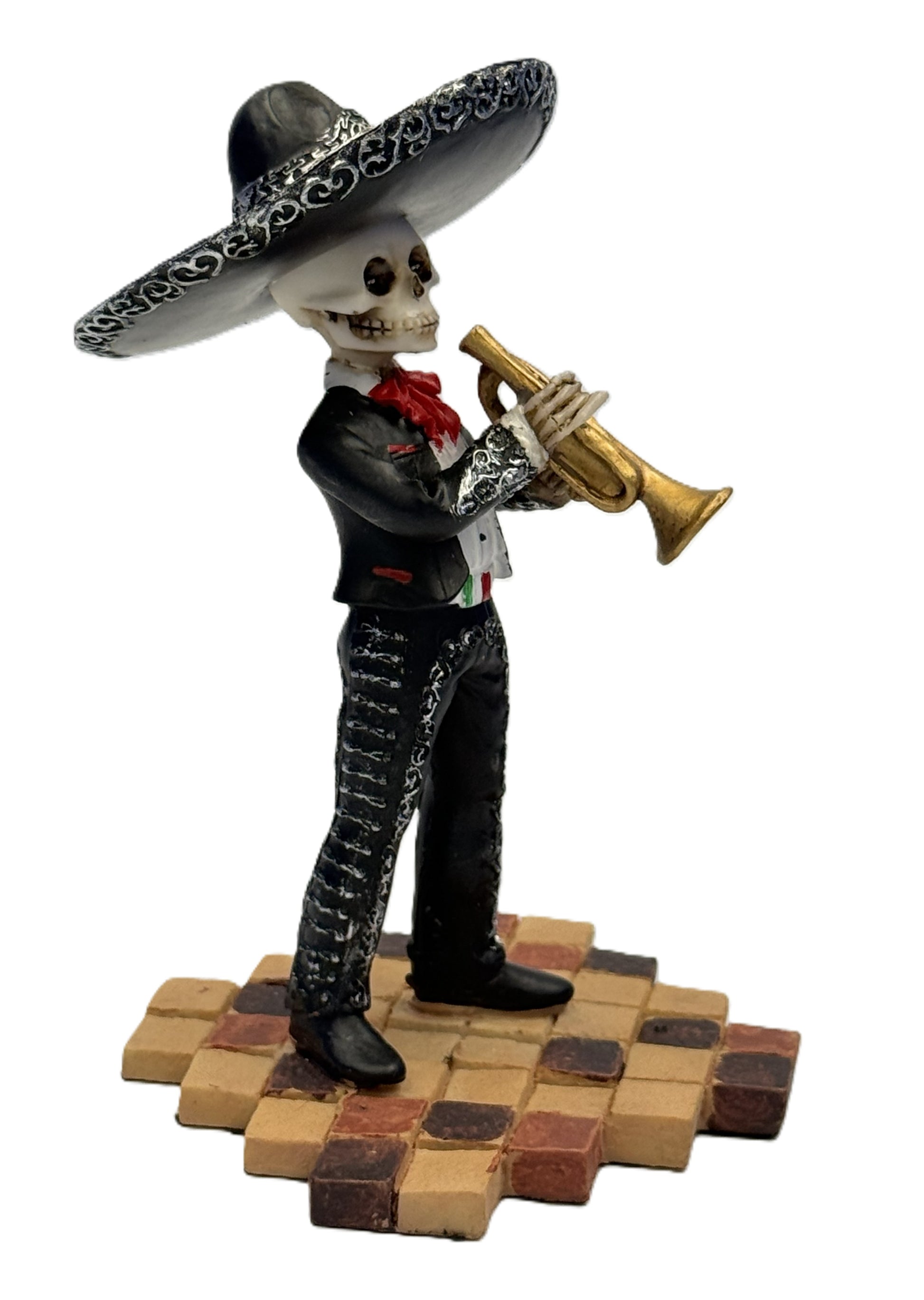 Angled view of Day of the Dead skeleton trumpet player statue showing intricate details and pose cold cast resin
