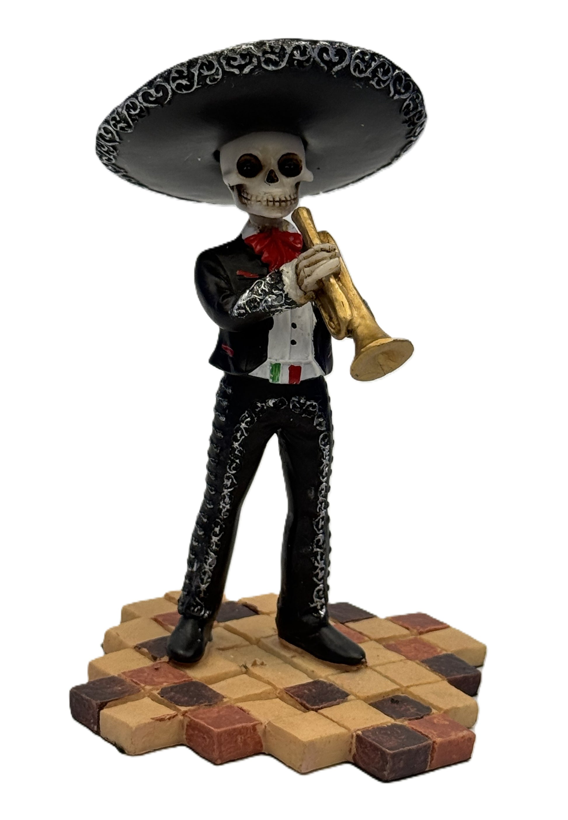 Front view of Day of the Dead mariachi skeleton figurine playing trumpet in black outfit with sombrero cold cast resin statue
