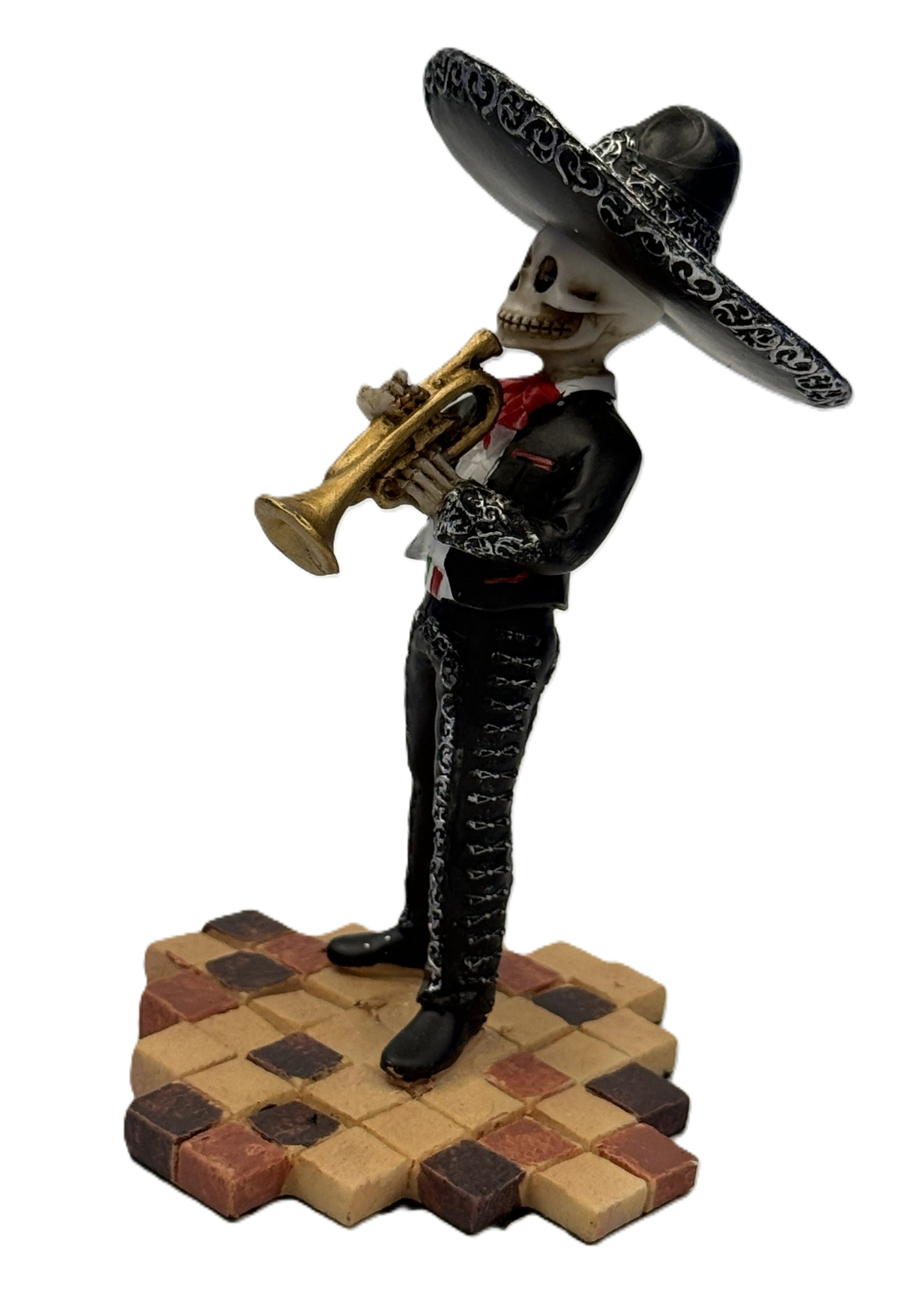 Side view of skeleton mariachi trumpet player figurine with detailed black outfit and sombrero cold cast resin
