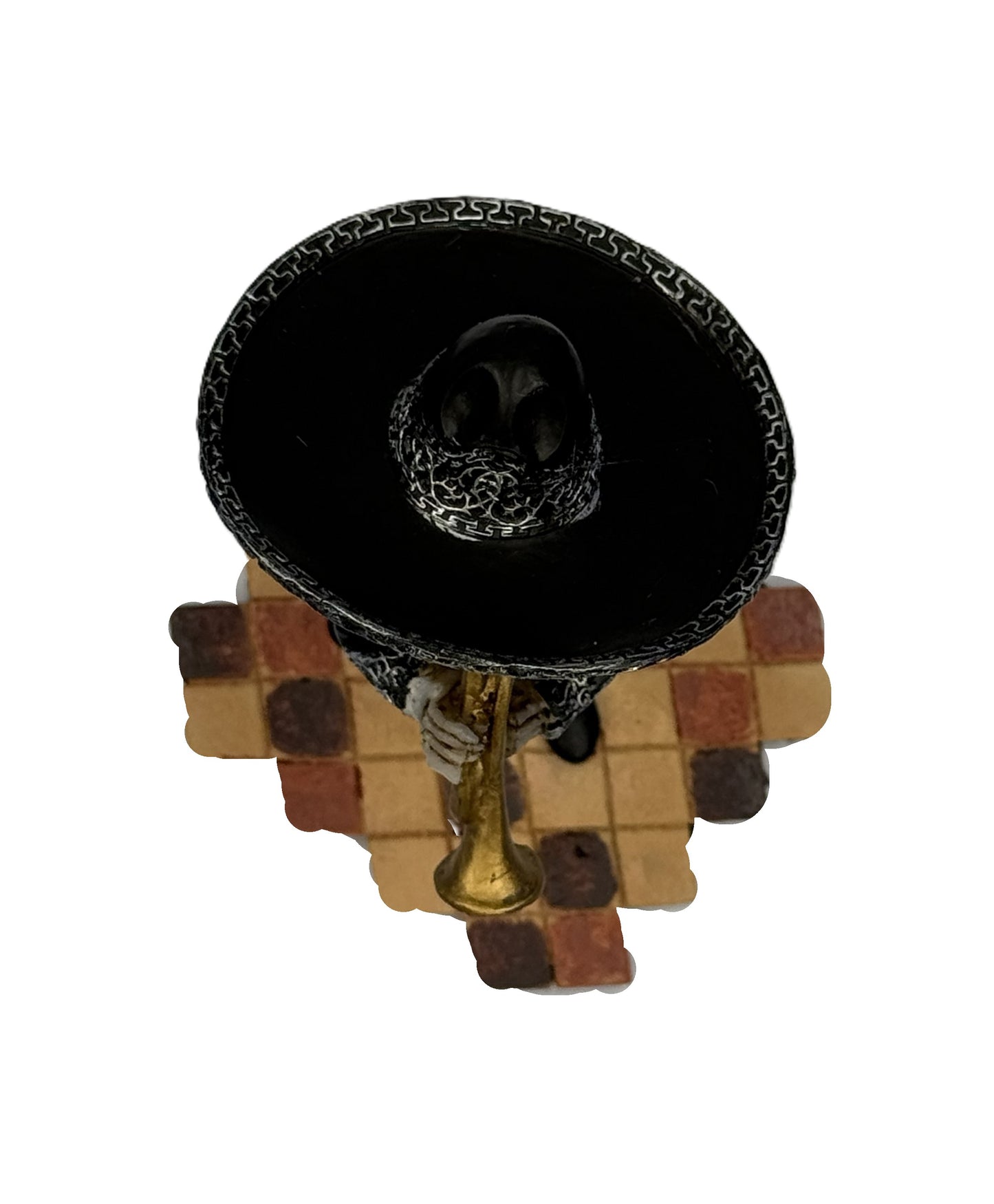 Top view of Day of the Dead skeleton trumpet player statue showing intricate details and pose cold cast resin

