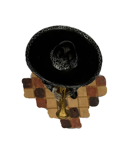 Top view of Day of the Dead skeleton trumpet player statue showing intricate details and pose cold cast resin
