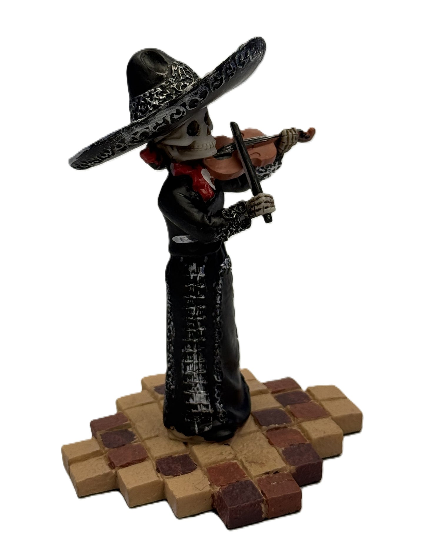 Angled view of Day of the Dead skeleton violinist statue with black dress and intricate detailing

