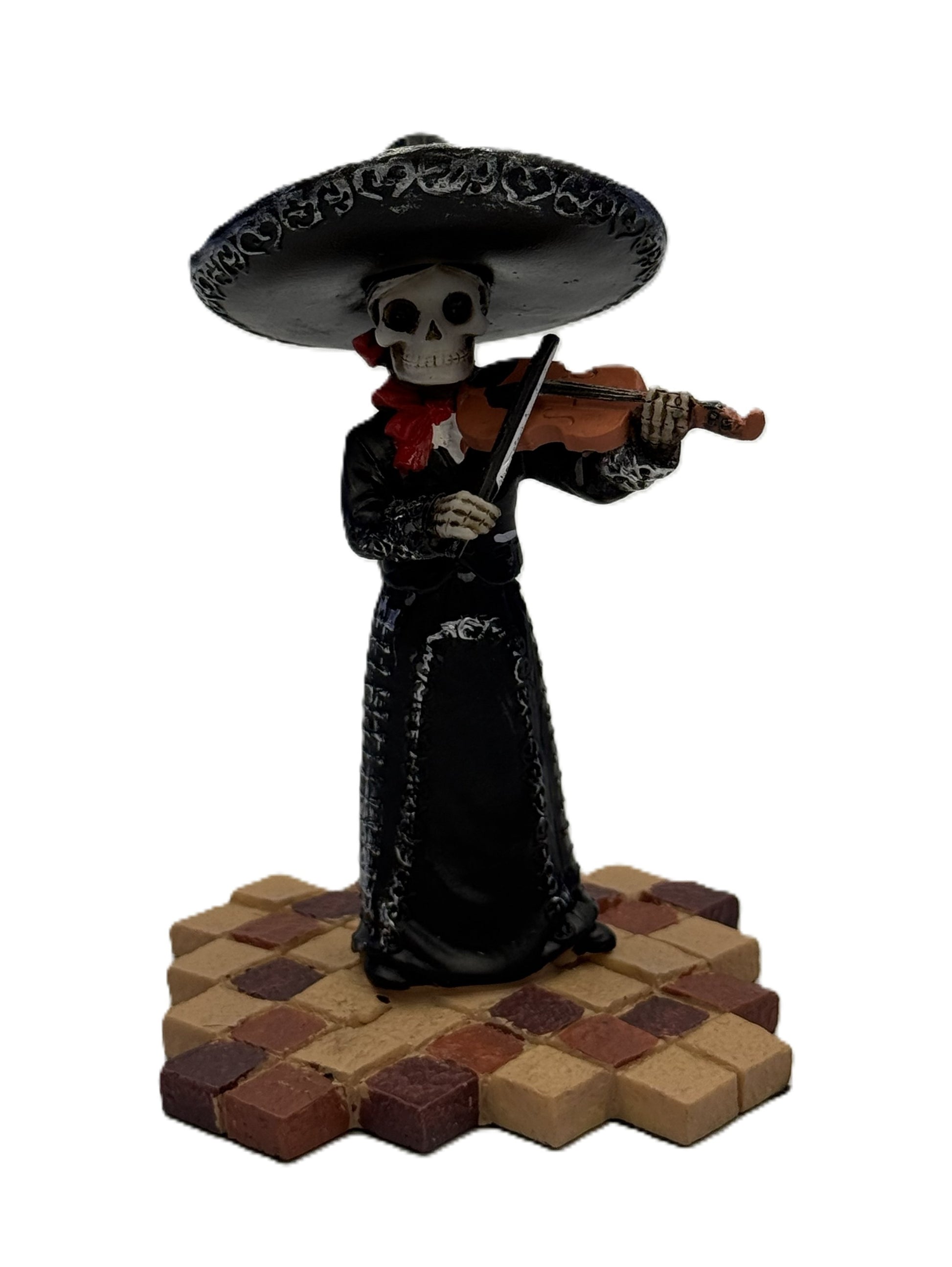 Front view of Day of the Dead mariachi skeleton figurine wearing black dress and sombrero playing violin
