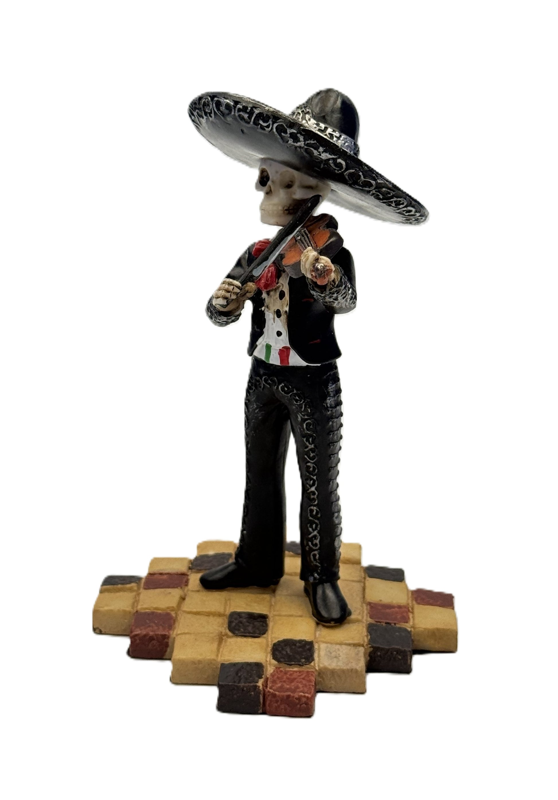 Front angled view of skeleton mariachi violin player statue showing detailed suit and instrument
