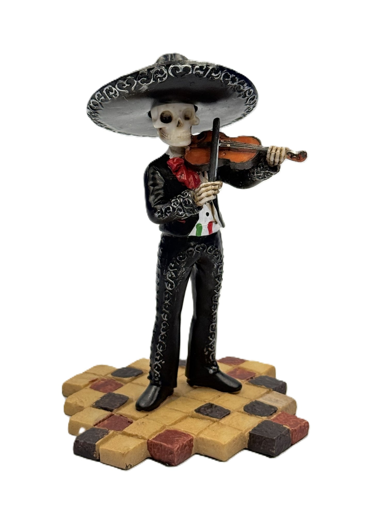 Front view of Day of the Dead mariachi skeleton figurine playing violin with black outfit and sombrero
