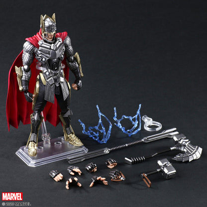 Thor Bring Arts figure displayed with interchangeable hands, weapons, lightning effects, and stand