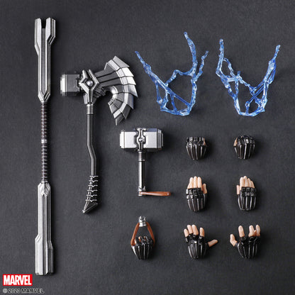 Accessories included with the Marvel Universe Variant Bring Arts Thor action figure including Mjolnir, Stormbreaker, interchangeable hands, lightning effects, and display stand
