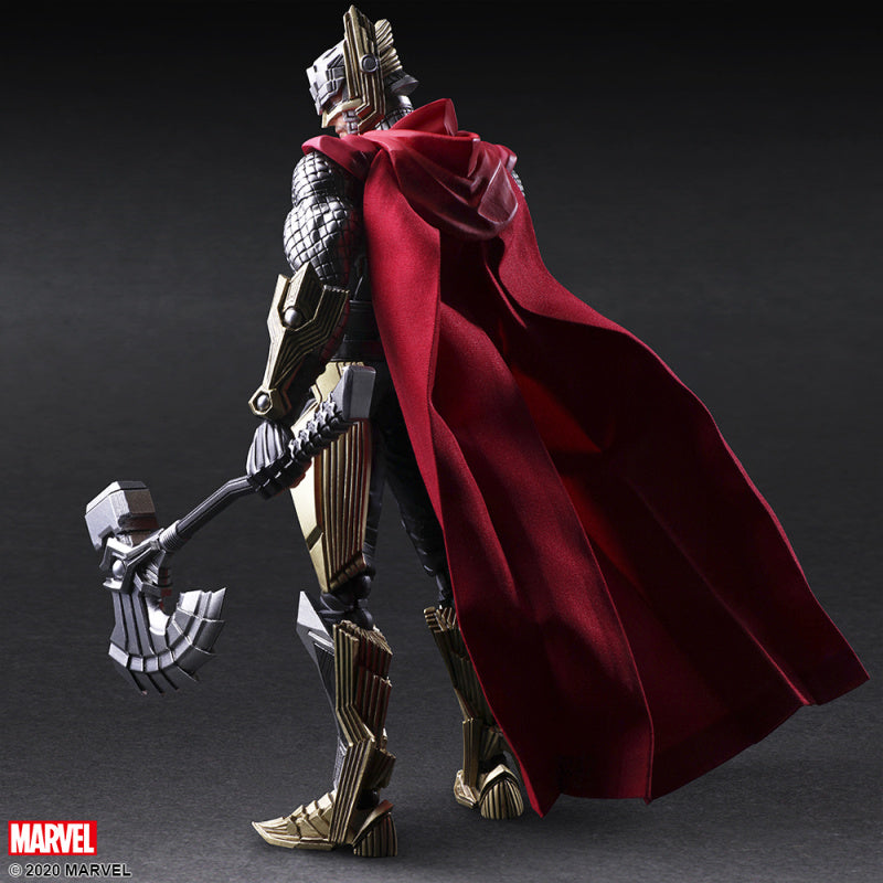 Back view of Variant Bring Arts Thor action figure showing red cape and axe accessory