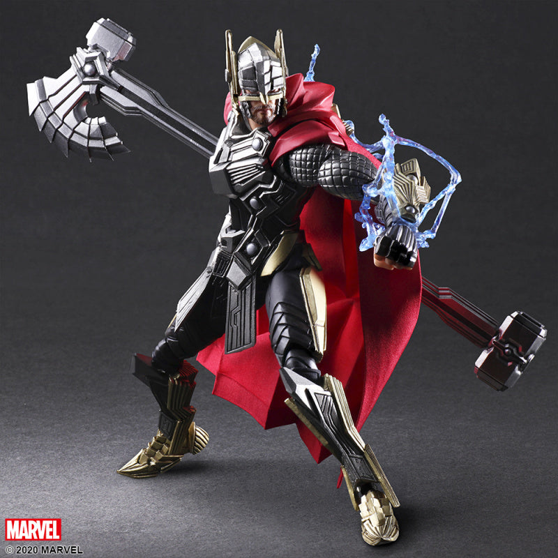 Marvel Variant Bring Arts Thor figure posed with axe, hammer, and lightning effect