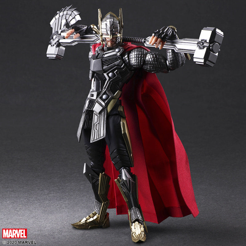 Thor Bring Arts figure holding Mjolnir and Stormbreaker with red cape
