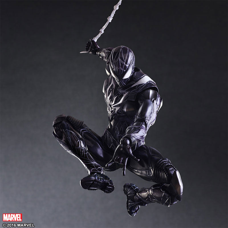 Marvel Variant Play Arts Kai Spider-Man Limited Color Black Suit action figure in a dynamic web-slinging pose.