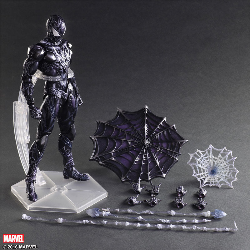 Marvel Variant Play Arts Kai Spider-Man Limited Color Black Suit figure with display stand and all included accessories.
