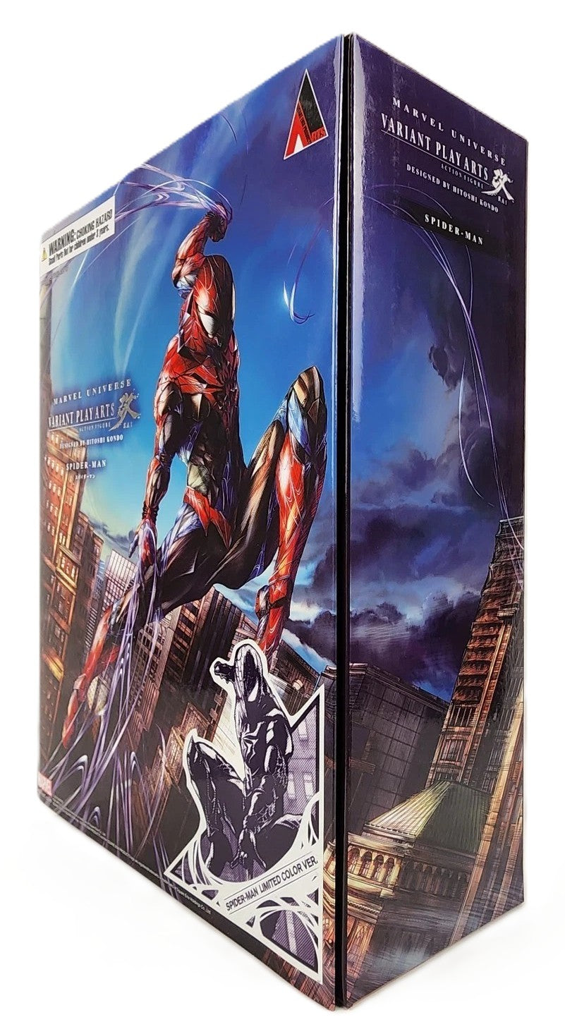 Angled view of the Marvel Universe Variant Play Arts Kai Spider-Man Limited Color collector packaging.