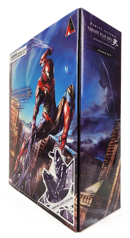Angled view of the Marvel Universe Variant Play Arts Kai Spider-Man Limited Color collector packaging.