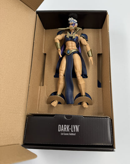 Mattel Masters of the Universe Revelation Dark-Lyn action figure displayed inside the opened collector packaging.