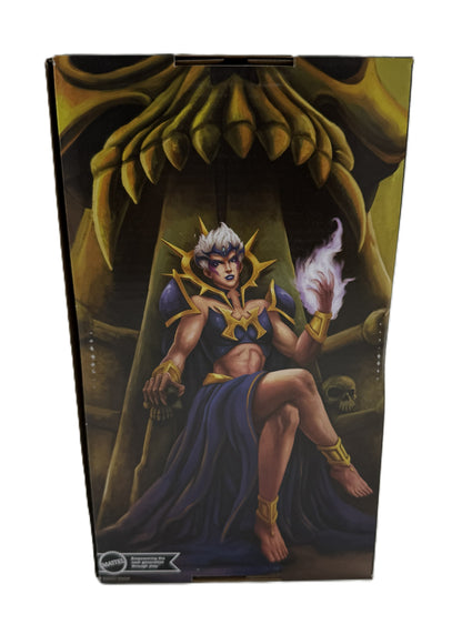 Back of Masters of the Universe Revelation Dark-Lyn box featuring illustrated Evil Cosmic Goddess artwork.