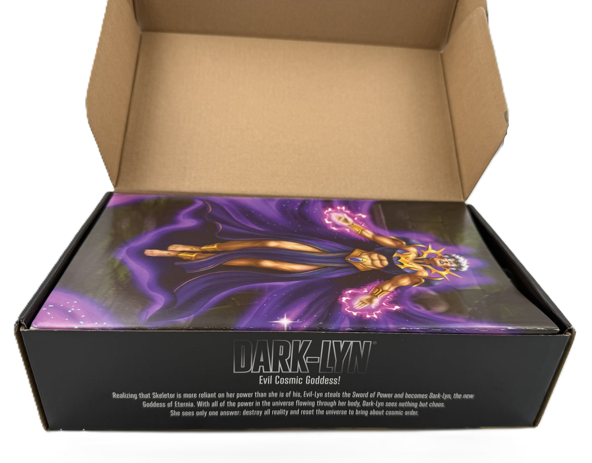 Open Masters of the Universe Revelation Dark-Lyn packaging showing illustrated inner box artwork and character description.