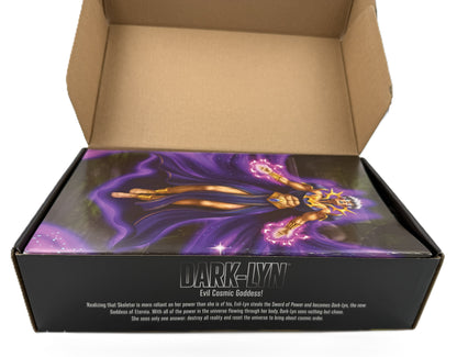 Open Masters of the Universe Revelation Dark-Lyn packaging showing illustrated inner box artwork and character description.