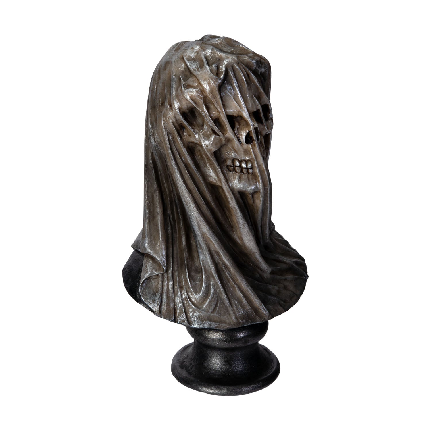 Angled view of veiled skull bust highlighting facial structure beneath veil
