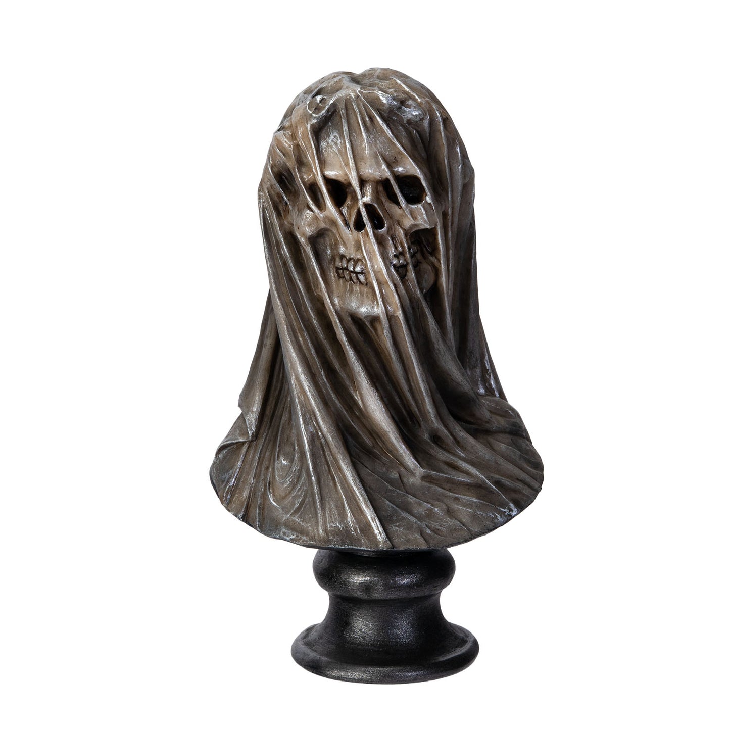 Front view of veiled skull bust gothic statue with detailed drapery
