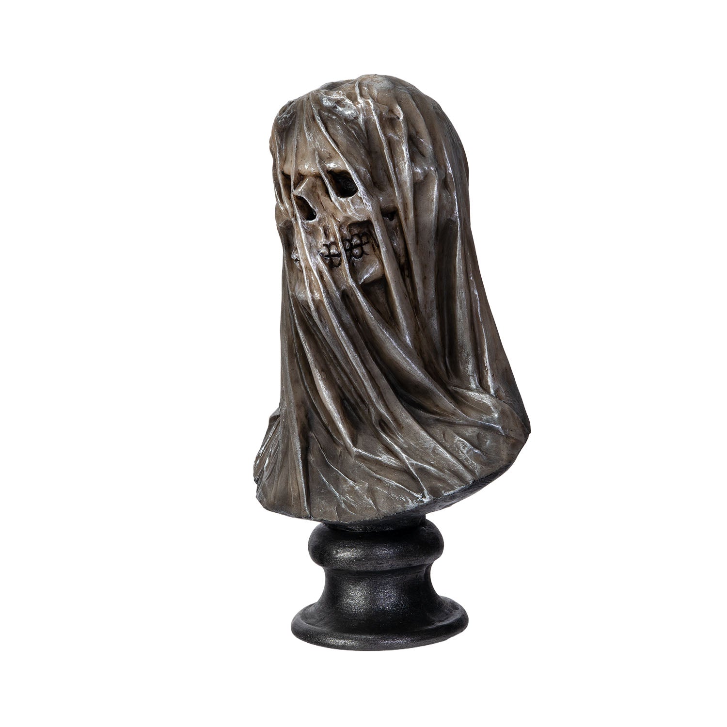 Side view of gothic veiled skull statue on pedestal base
