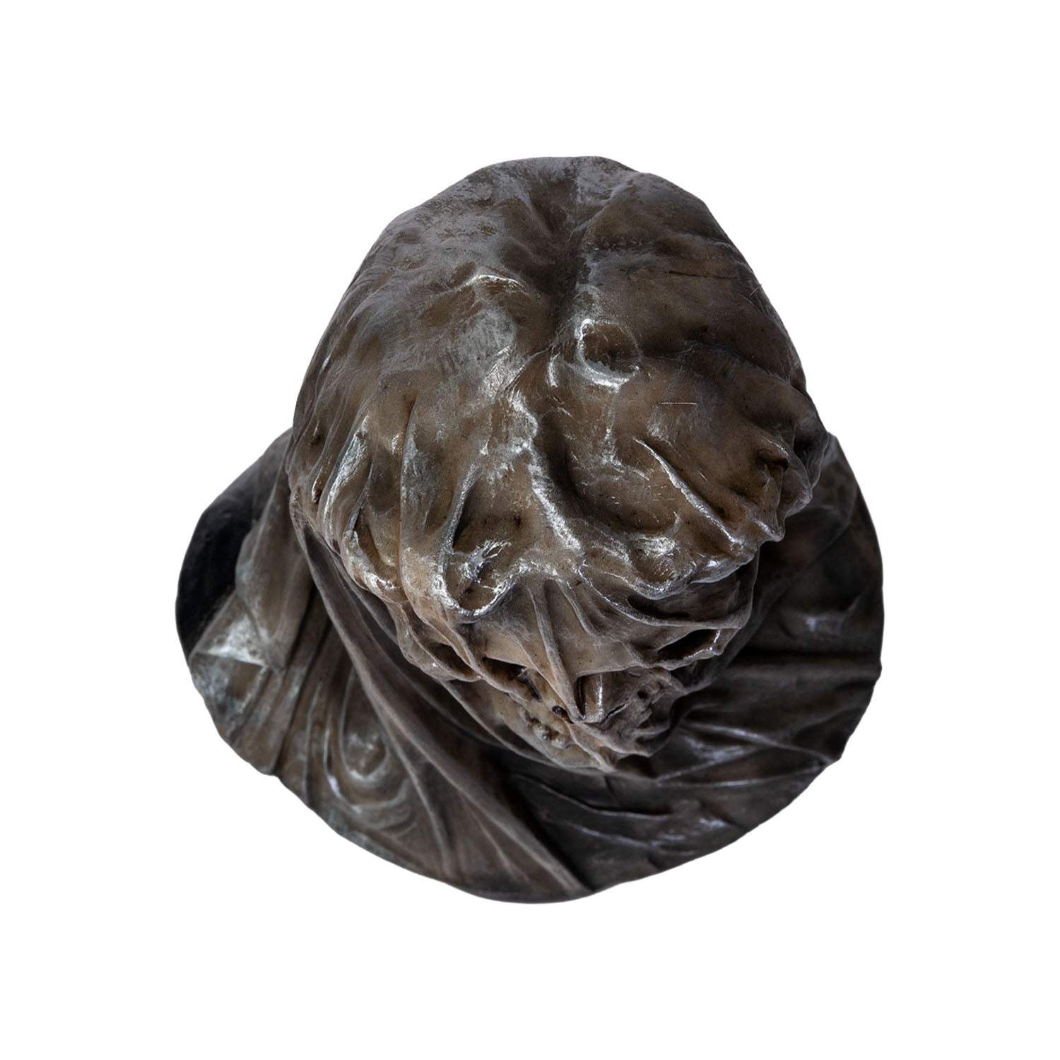 Top view of memento veil skull statue showing sculpted folds and texture
