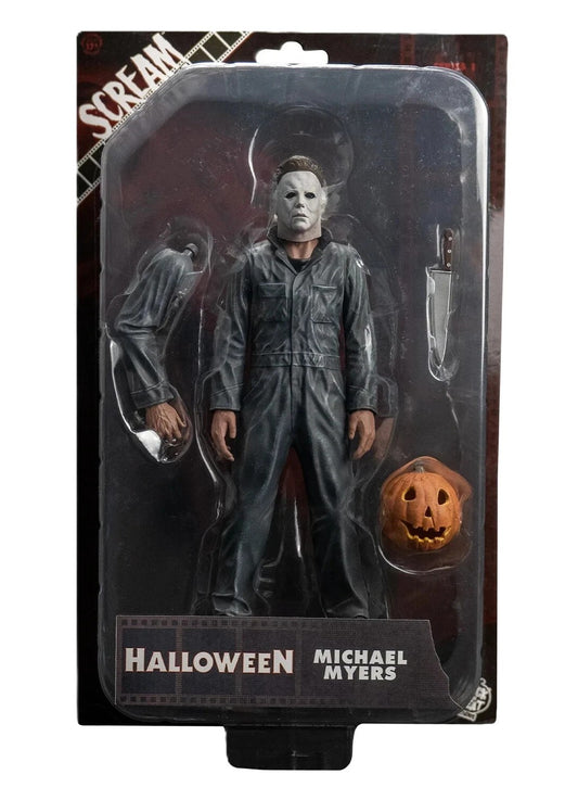 Front view of Halloween 1978 Michael Myers figure in packaging with knife and pumpkin accessory
