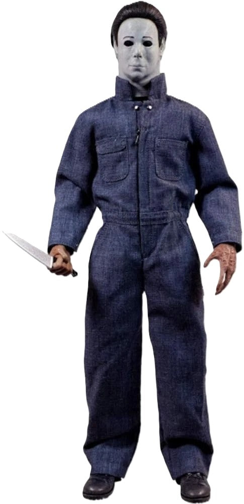 Front view of Halloween 4 Michael Myers 1:6 figure holding knife with detailed mask and coveralls
