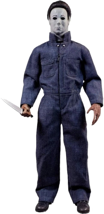 Front view of Halloween 4 Michael Myers 1:6 figure holding knife with detailed mask and coveralls
