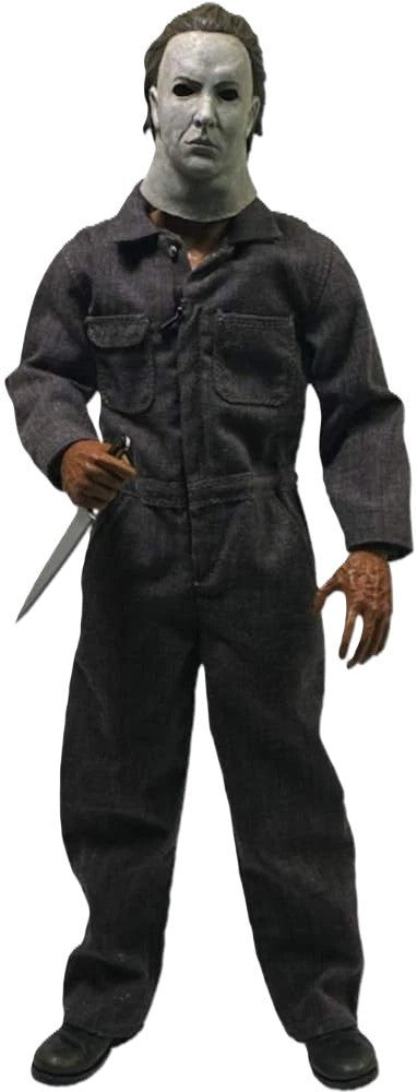 Front view of Michael Myers 1:6 scale figure holding knife with detailed coveralls and mask
