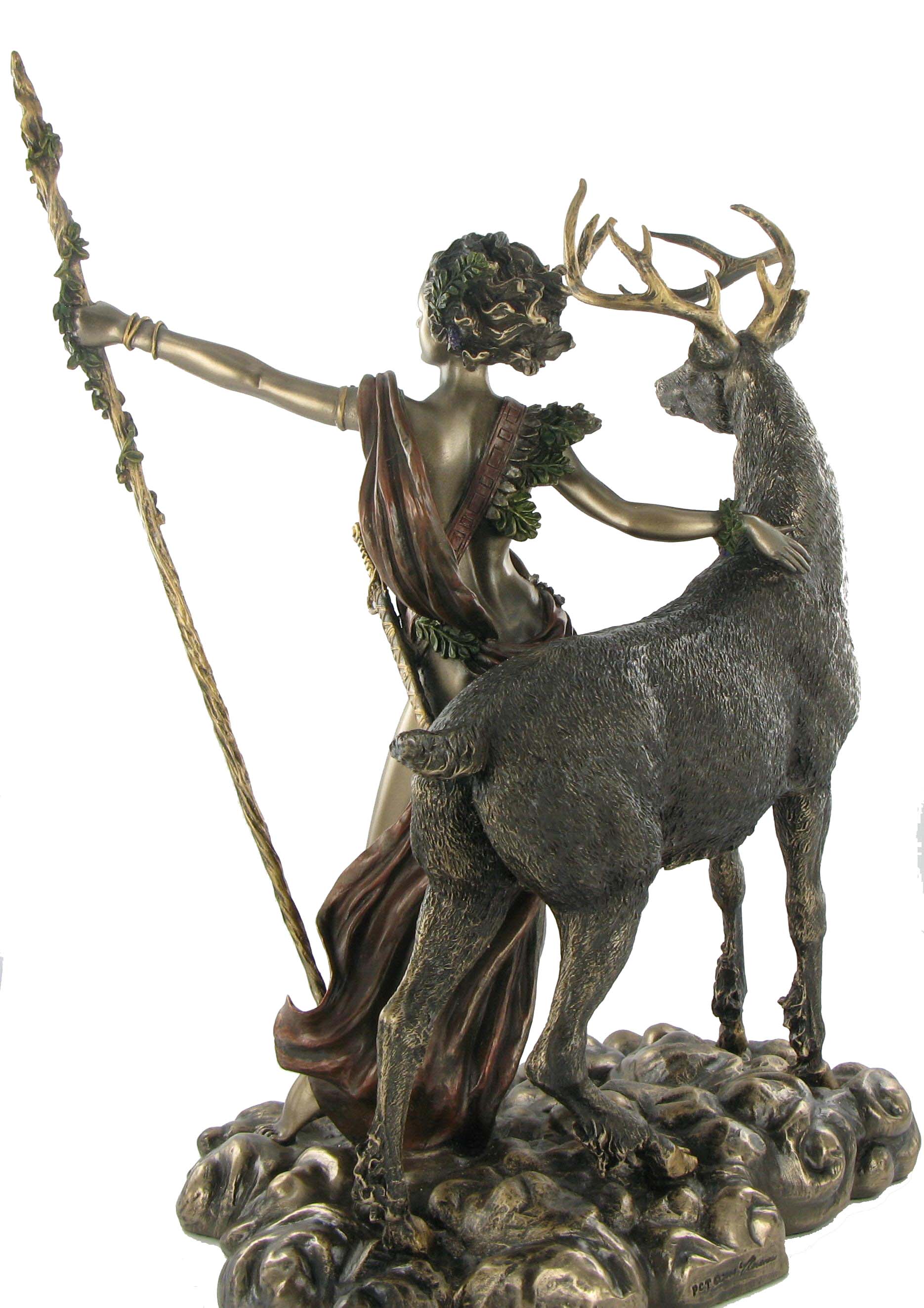 Moon Diana bronze statue back view showing flowing robes and stag companion