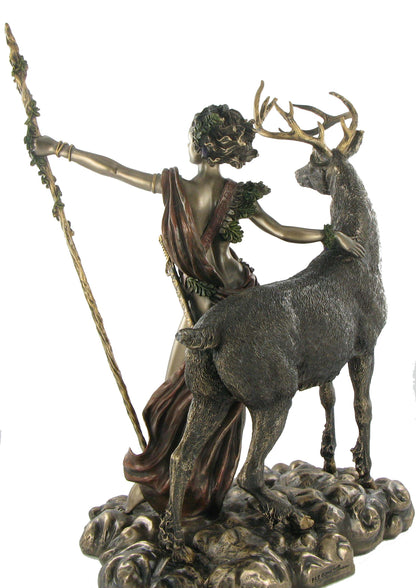 Moon Diana bronze statue back view showing flowing robes and stag companion