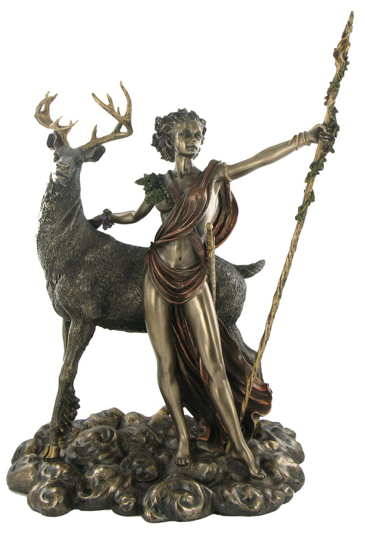 Moon Diana bronze statue front view with goddess and stag mythology collectible