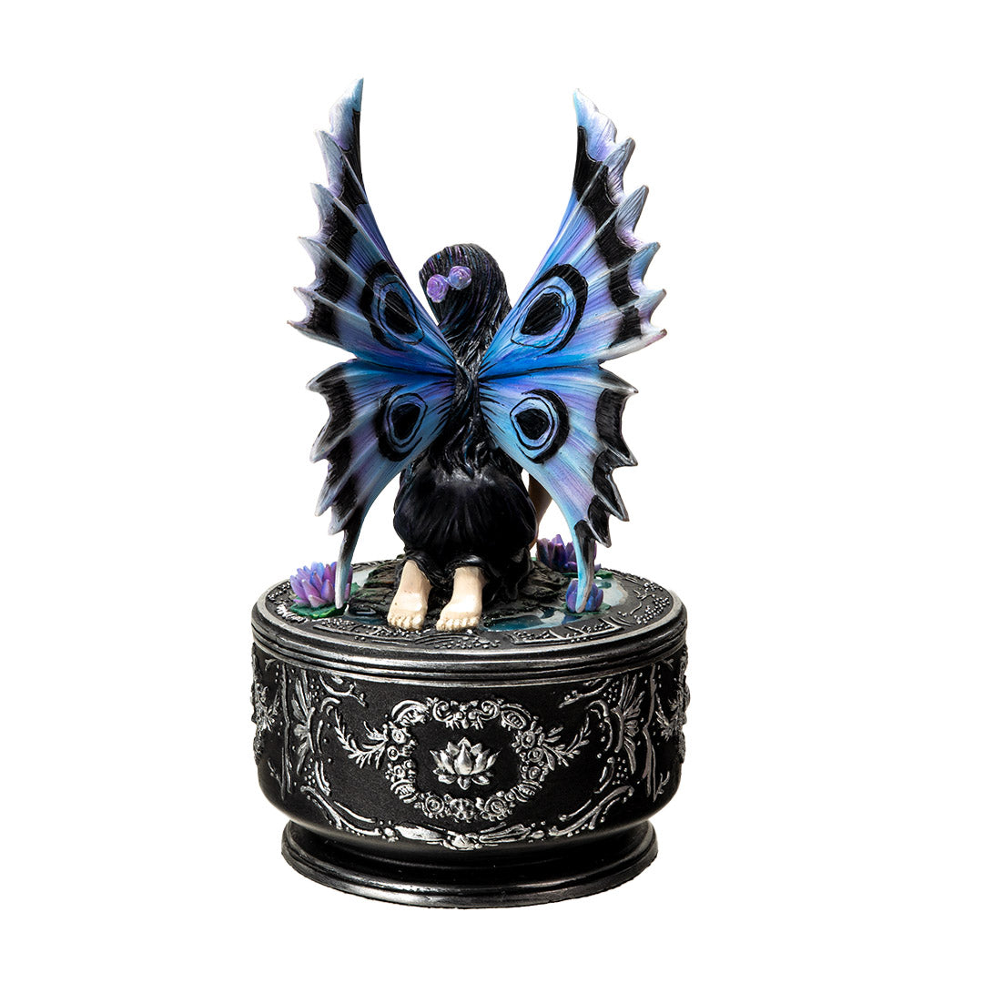 Back view of fairy trinket box showing detailed blue and purple wings
