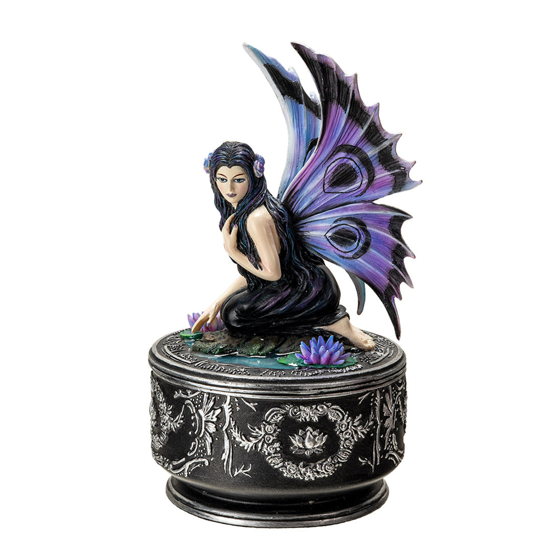 Front view of Anne Stokes Naiad fairy trinket box with detailed wings and gothic base
