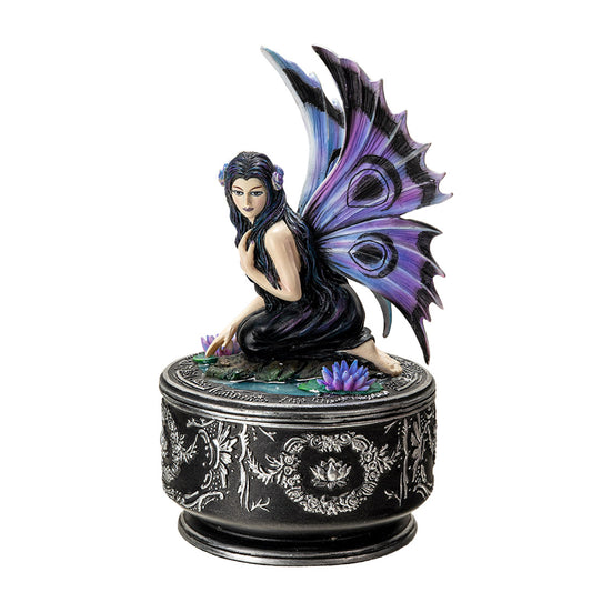 Front view of Anne Stokes Naiad fairy trinket box with detailed wings and gothic base
