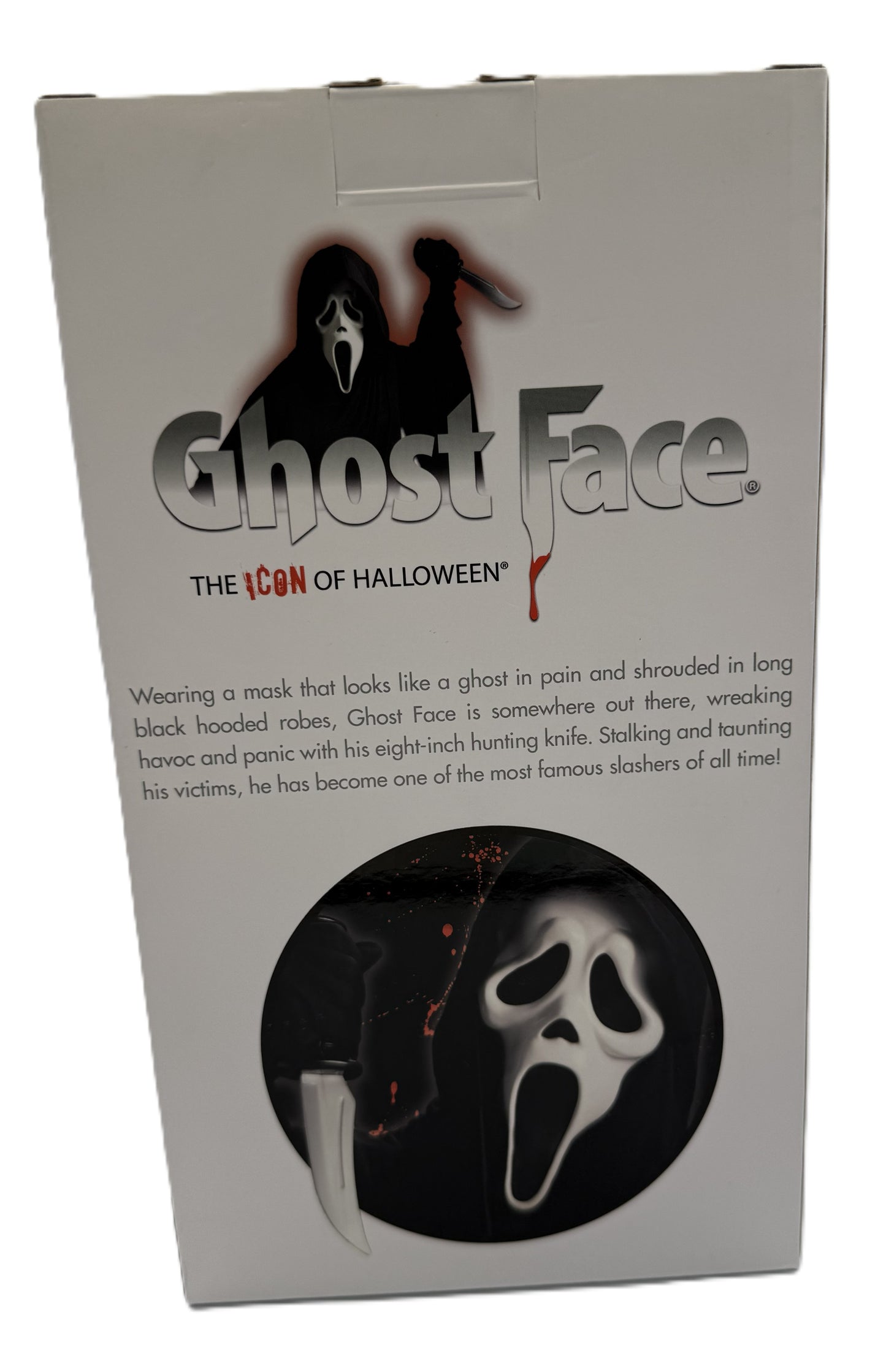 Back packaging of Ghost Face Head Knocker statue with character information and artwork
