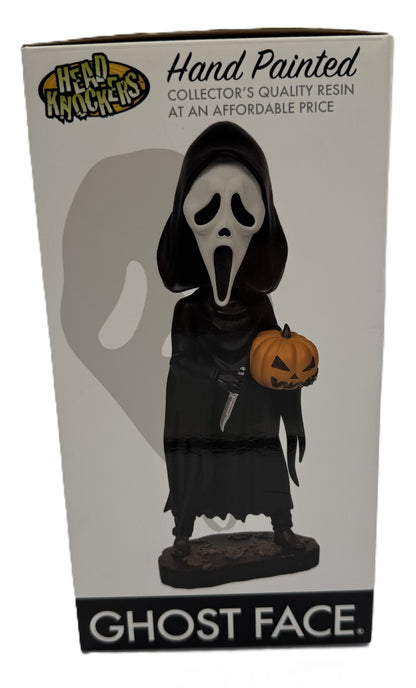 Side artwork featuring Ghost Face Head Knocker collectible statue by NECA
