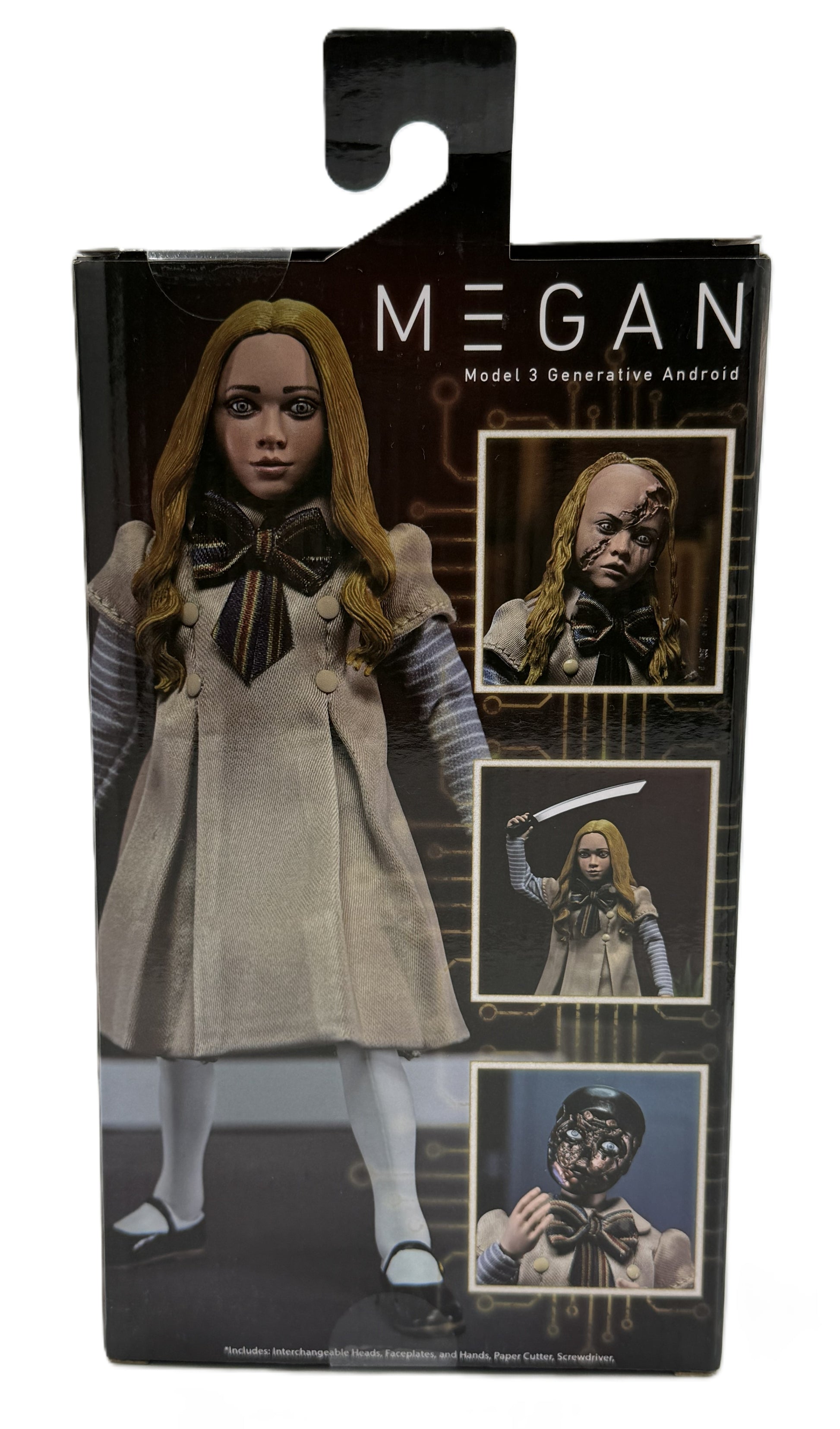 Back of the NECA Ultimate M3GAN action figure packaging showing accessories and display images.