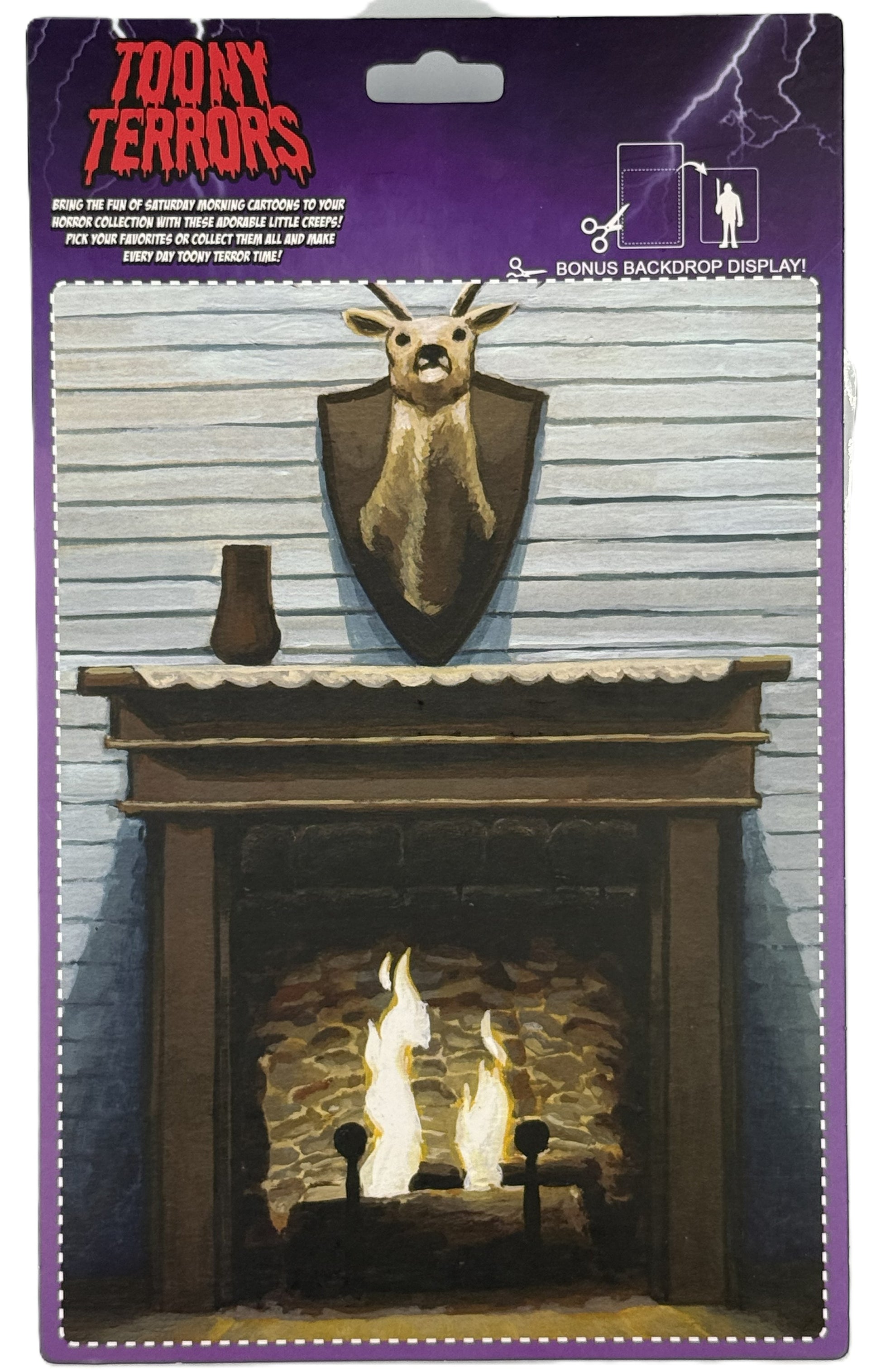 NECA Toony Terrors Ash figure back showing fireplace backdrop artwork
