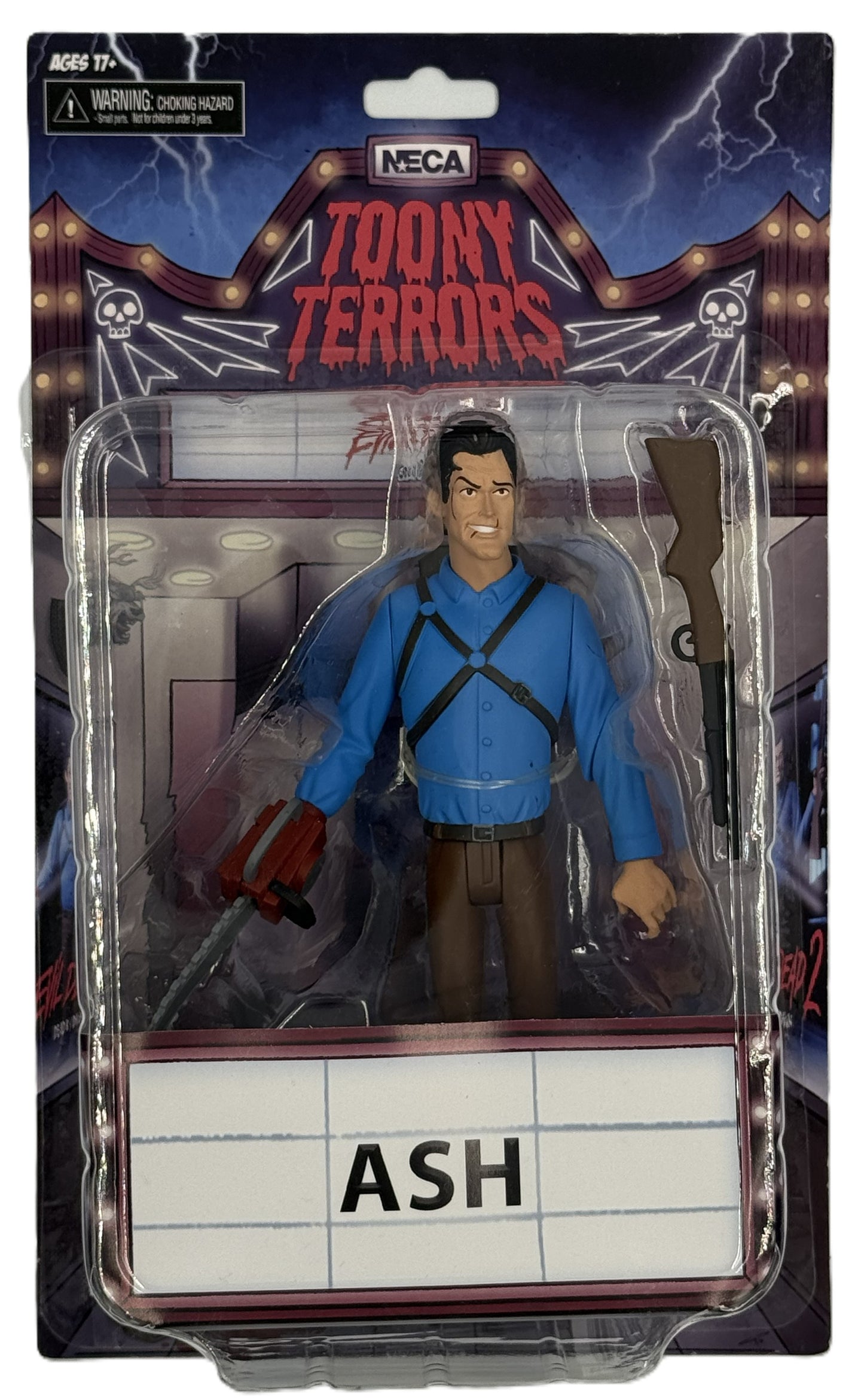 NECA Toony Terrors Ash figure front view showing stylized Evil Dead 2 character in packaging

