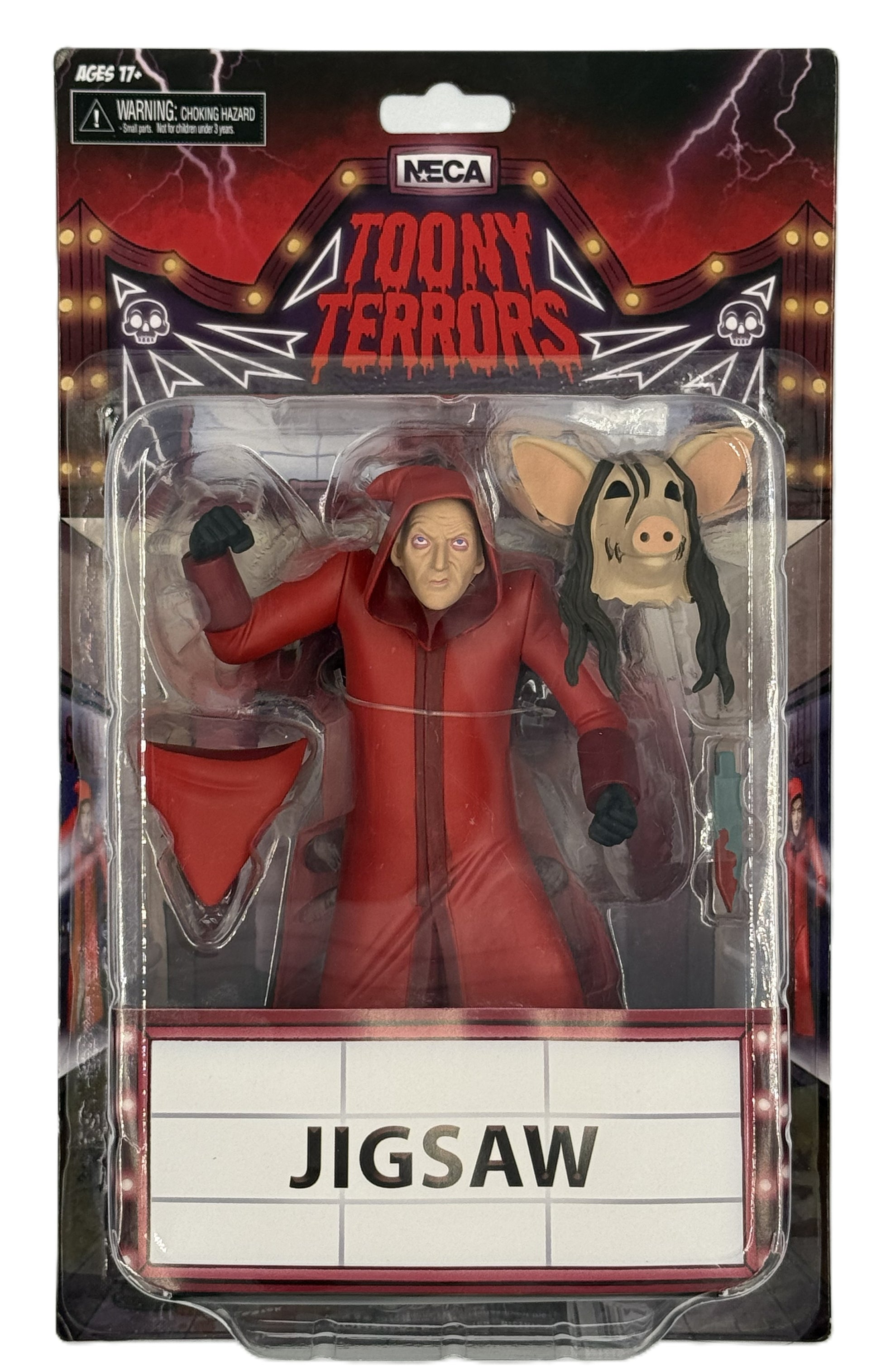 NECA Toony Terrors Jigsaw figure front view showing stylized horror character in packaging
