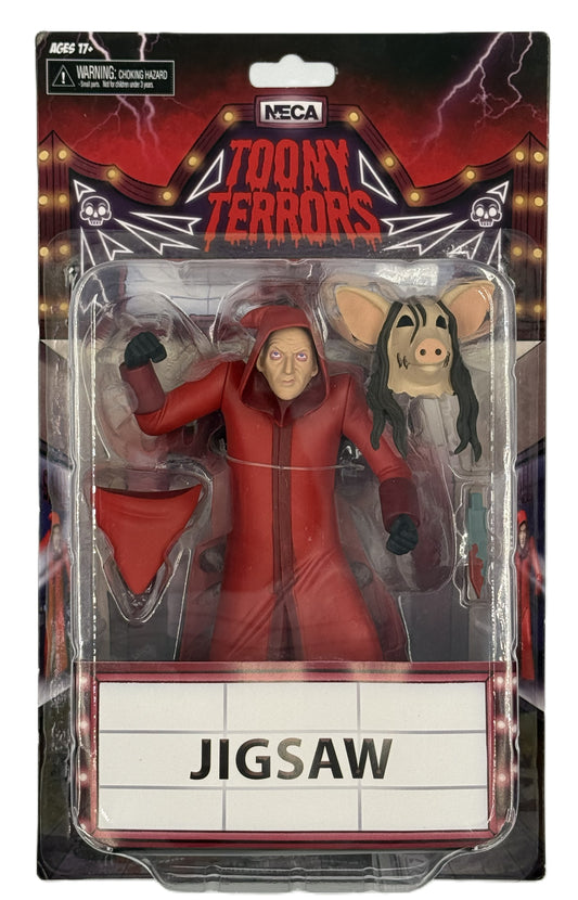 NECA Toony Terrors Jigsaw figure front view showing stylized horror character in packaging
