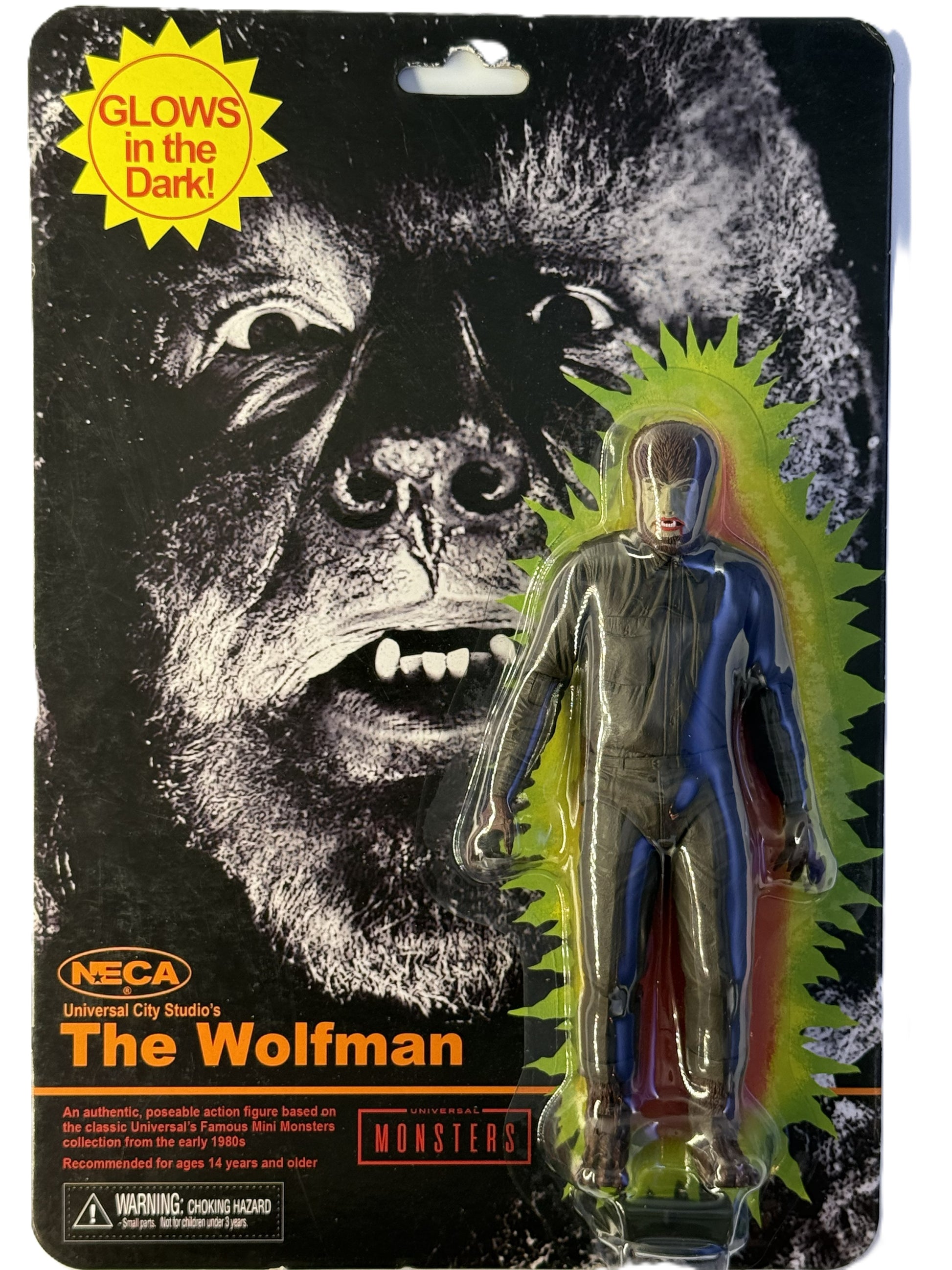 NECA The Wolfman glow in the dark figure front view in classic Universal Monsters packaging
